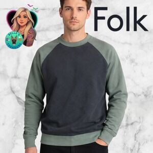 Folk Rivet Sweater Mens Medium 3 Two Tone‎ Green Organic Cotton Raglan Crewneck